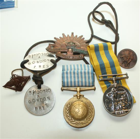 Gordon- 2 dog tags, 2 career medals (Australian)